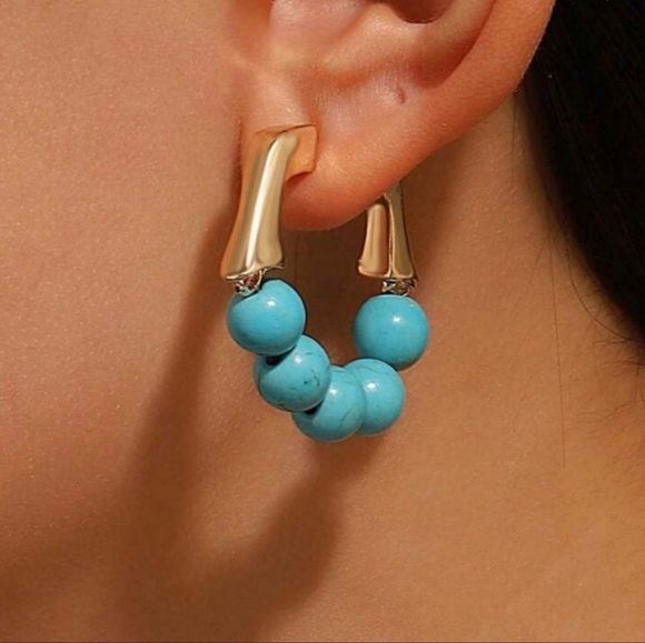 NEW!! Free People Turquoise Beaded | Huggie| Hoop Gold Earrings - Picture 1 of 4